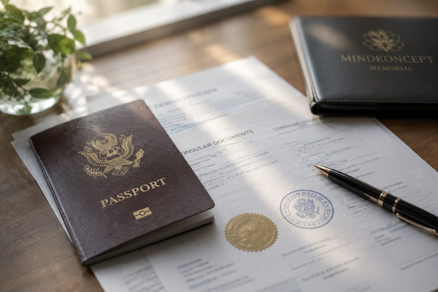 Close-up of a passport and official consular documents on a desk, with a Mindkoncept Memorial folder and pen nearby