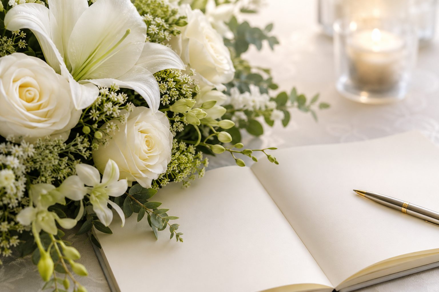Close-up of an elegant white funeral flower arrangement beside an open, blank notebook page and pen, symbolizing thoughtful planning