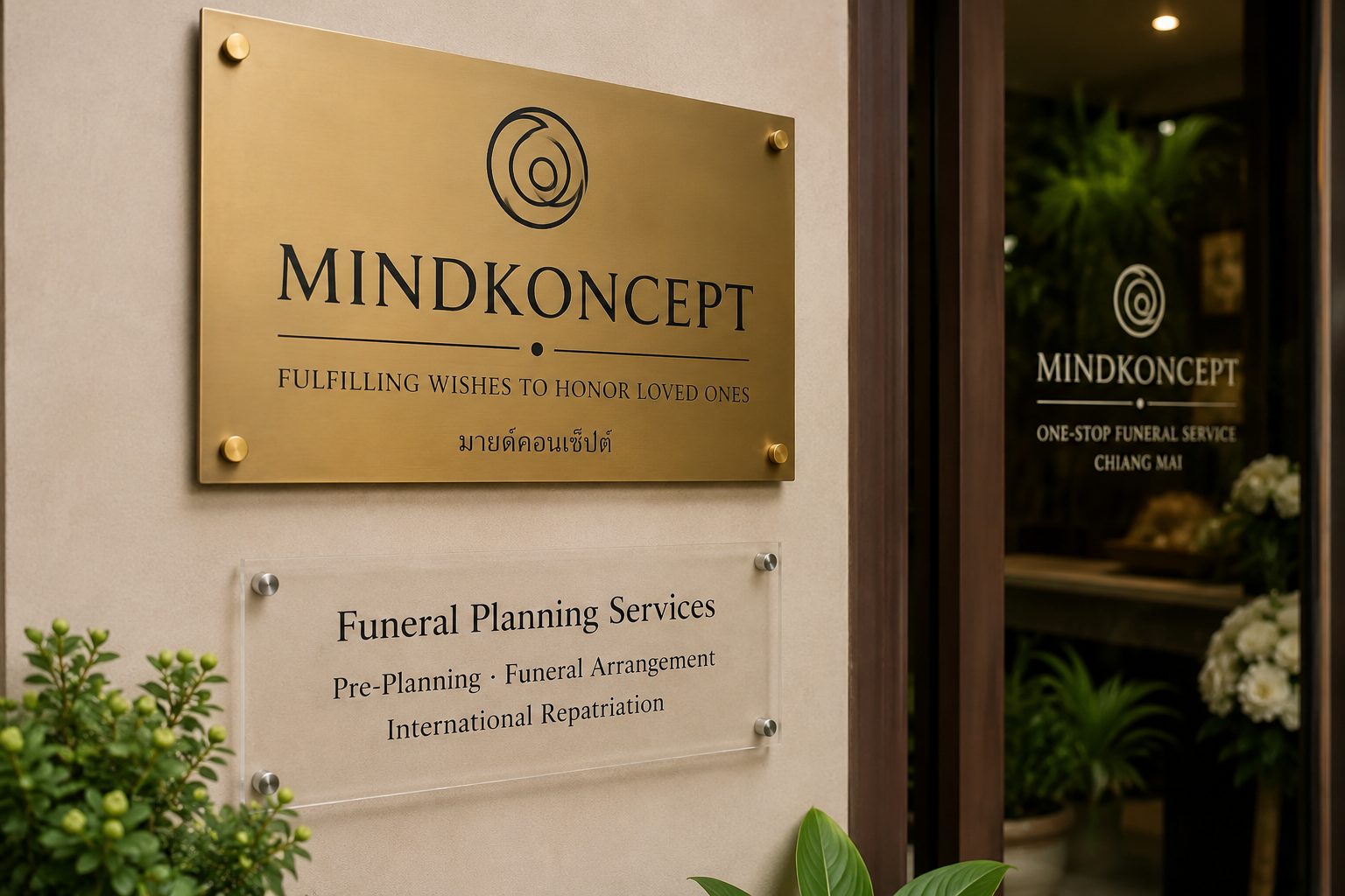 ป้ายทางเข้าสำนักงาน Mindkoncept ข้อความ 'Fulfilling wishes to honor loved ones'