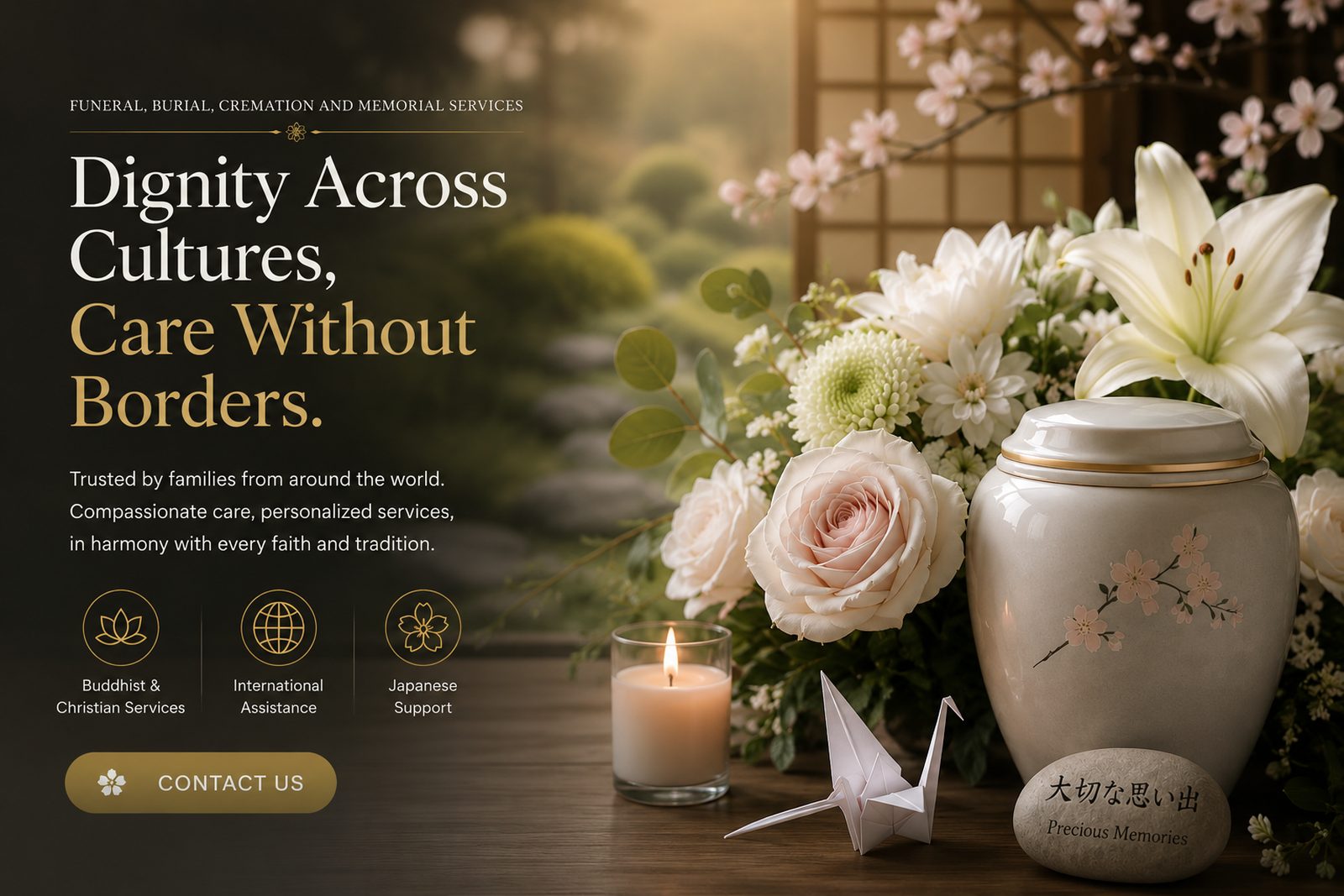 Memorial urn with cherry blossom design beside white lilies, an origami crane, and a stone reading 'Precious Memories' — Dignity Across Cultures, Care Without Borders
